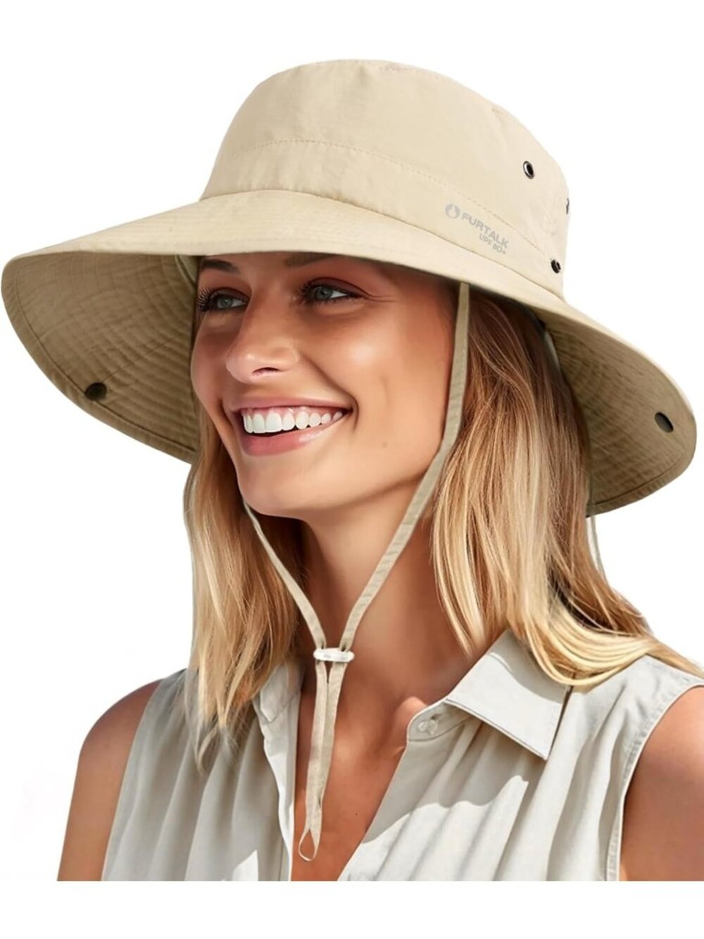 Women Light Khaki Ponytail UPF 80+ Wide Brim Packable Cowboy Hat Beach Sun Hat